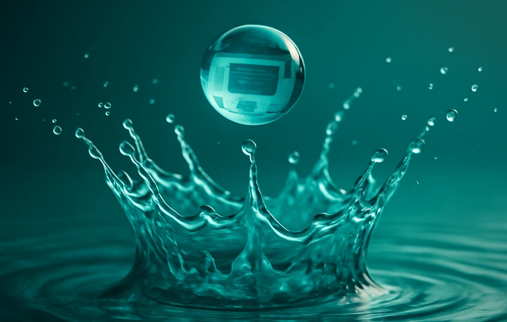 A close-up of a turquoise water droplet hitting still water, reflecting a website interface — representing Wavebreak’s approach to web design and tech support with clarity, precision, and digital impact.