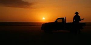 Silhouetted ute and farmer at sunset – website ready for Gympie Muster festival-goers